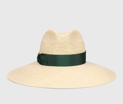 Shop Borsalino Sophie Panama Semicrochet In Natural, Malachite Green Hatband