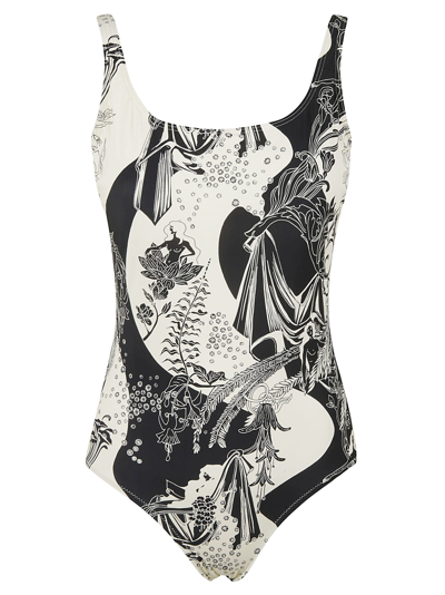 Shop Tory Burch Printed Swimsuit In Cream/black