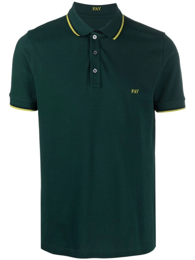 Shop Fay Green Stretch Cotton Pique Polo Shirt