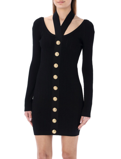 Shop Balmain Halterneck 9 Buttons Mini Dress In Black