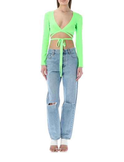 Shop Msgm Lace-up Cropped Top In Fluo Green