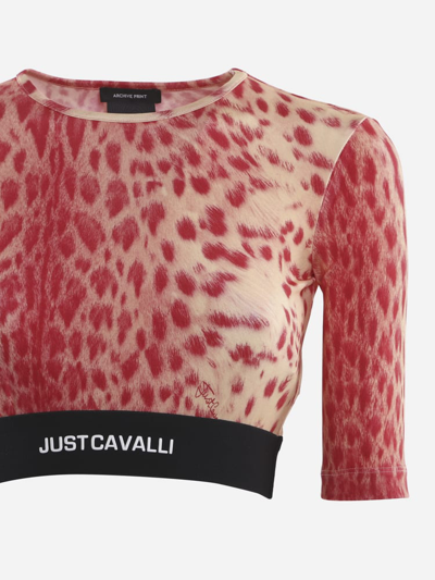 Shop Just Cavalli Stretch Fabric Top With All-over Animal Print In Rosa