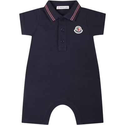 Shop Moncler Blue Romper For Baby Boy With Iconic Patch