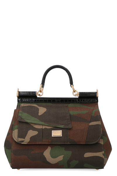 Shop Dolce & Gabbana Sicily Printed Cotton Handbag In Militare