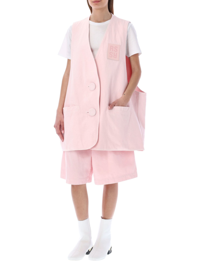 Raf Simons Denim Oversized Gilet With Covered Buttons In Light Pink