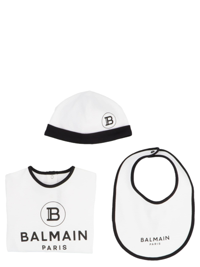 Shop Balmain Sleepsuit, Beanie And Bib Set In White/black