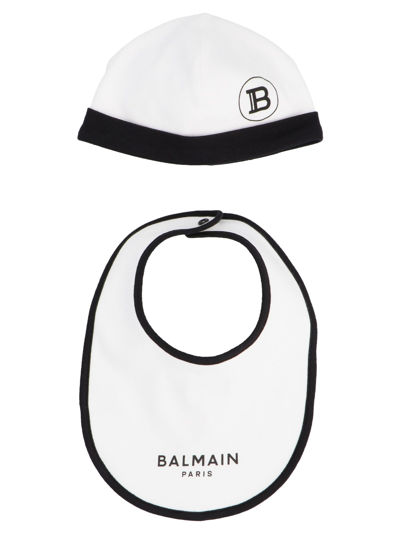 Shop Balmain Sleepsuit, Beanie And Bib Set In White/black