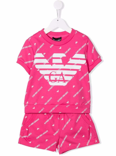 Shop Emporio Armani Emporio Aramani Kids Girls Coordinated Pink Cotton Suit With Allover Logo Print In Fuxia