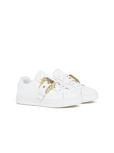 Shop Versace Jeans Couture Jeans Couture Low-top Leather Sneakers With Buckle Detail In White