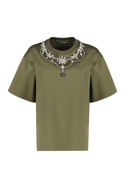 Shop Dolce & Gabbana Crewneck T-shirt With Decoration In Marrone