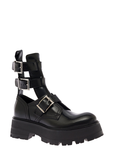 Shop Alexander Mcqueen Alexander Macqueen Womans Black Rave Buckle Leather Ankle Boots In Nero