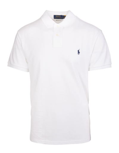 Shop Ralph Lauren Man White And Navy Blue Slim-fit Pique Polo Shirt