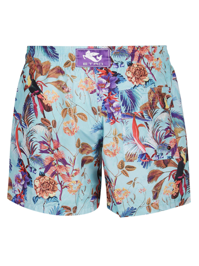 Shop Etro Floral Printed Logo Patch Swim Shorts In Azzurro