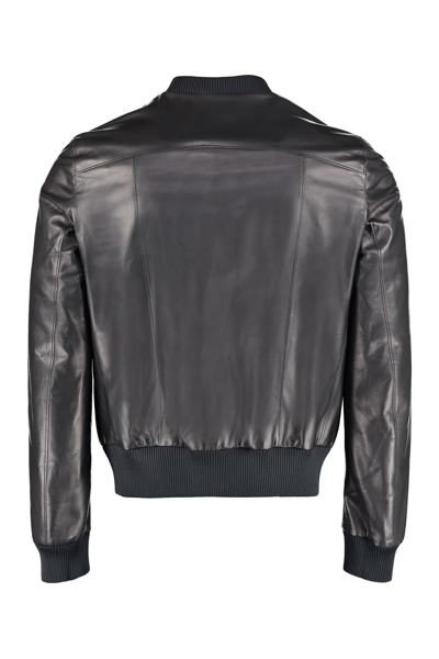 Shop Prada Ribbed Hem Leather Bomber In Black