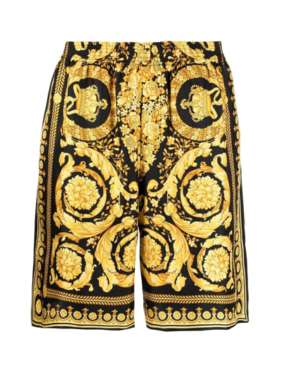 Shop Versace Shorts Twill Barocco `92 In Black Gold