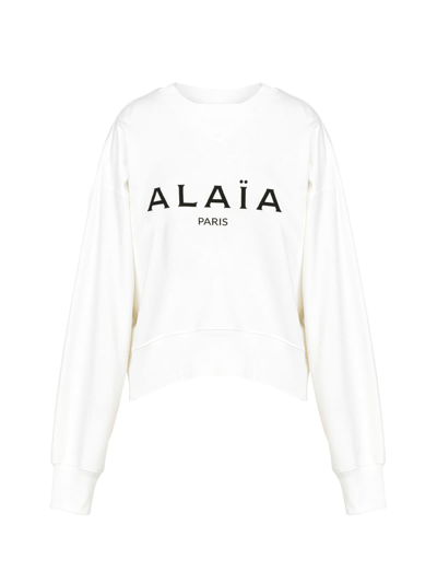 Shop Alaïa Sweat ml Jersey Molleton De Coton In Blanc Noir