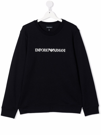 Shop Emporio Armani Kids Boys Blue Cotton Sweatshirt With Logo Print