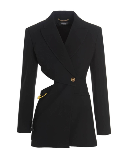 Shop Versace Cut Out Safety Pin Blazer Jacket In Black