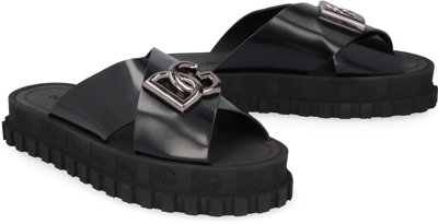 Shop Dolce & Gabbana Leather Slides With Logo In Nero