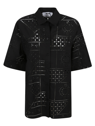 Shop Msgm Pattern Perforated Short Sleeve Shirt In Black