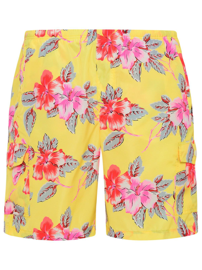 Shop Palm Angels Hibiscus-printed Elasticated Waistband Swim Shorts In Yellow White
