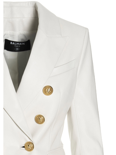Shop Balmain Logo Button Leather Blazer Jacket In White