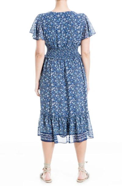 Shop Maxstudio Printed Ruffle Short Sleeve Dress In Ocean/ Blue Rosette Pnl