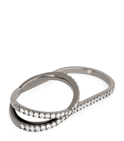 Shop Eva Fehren Blackened White Gold And Diamond Double Finger Orbit Ring (size 6/7)