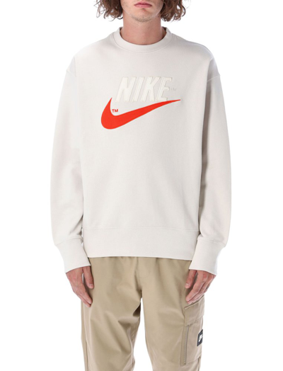 Shop Nike Logo Embroidered Crewneck Sweatshirt In Beige