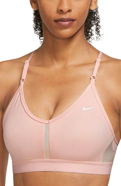 Shop Nike Indy Mesh Inset Sports Bra In Atmosphere/ White
