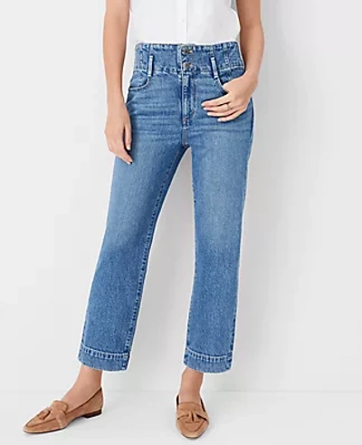 Shop Ann Taylor Petite Sculpting Pocket High Rise Corset Easy Straight Jeans In Classic Light Indigo Wash