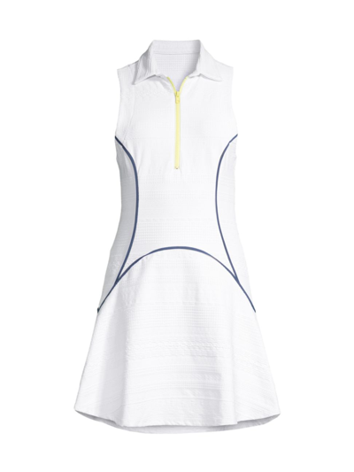 Shop L'etoile Sport Women's Golf & Tennis Zip-front A-line Dress In White Navy Yellow