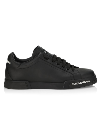 Dolce & Gabbana Portofino Black Low Top Sneakers With Logo Patch On The Tongue And Logo Lettering On The Side In Lea In Nero