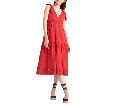 Shop Black Tape Petite Cotton Eyelet Midi Dress In Fiery Red