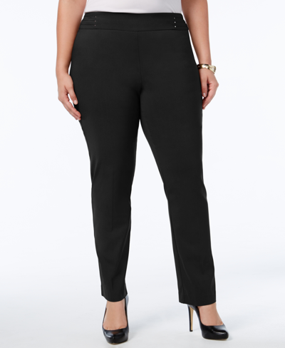 Shop Jm Collection Plus Size Tummy Control Pull-on Slim-leg Pants, Created For Macy's In Deep Black