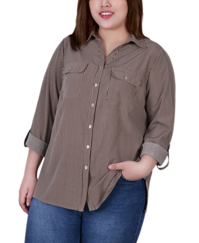 Shop Ny Collection Plus Size 3/4 Sleeve Roll Tab Notch Collar Blouse Top In Coffee Bean
