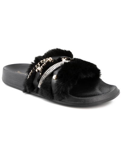 Shop Juicy Couture Women's Styx Faux Fur Slide Sandals In Black