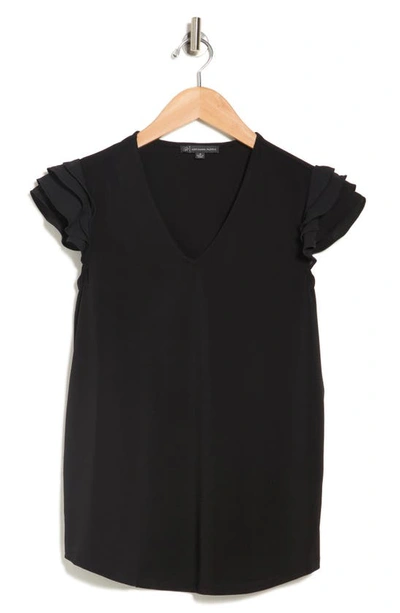 Shop Adrianna Papell V-neck Tiered Ruffle Sleeve Crepe Knit Top In Black