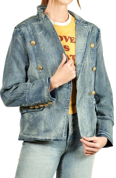 Shop Nikki Lund Double Breasted Denim Blazer In Medium Blue