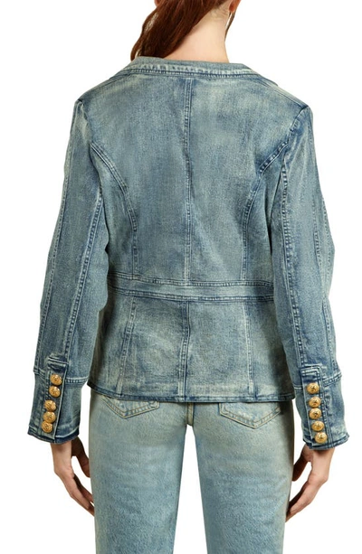 Shop Nikki Lund Double Breasted Denim Blazer In Medium Blue