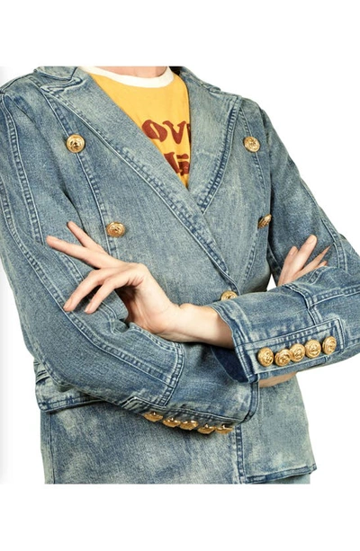 Nikki Lund Double Breasted Denim Blazer In Medium Blue
