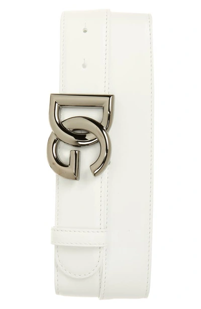 Shop Dolce & Gabbana Liscio Logo Buckle Leather Belt In Bianco Ottico