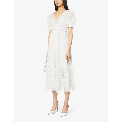 Shop Self-portrait V-neck Puff-sleeved Woven Lace Midi Dress In White