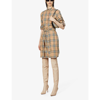 Shop Burberry Giovanna Checked Stretch-cotton Mini Dress In Archive Beige Ip Chk