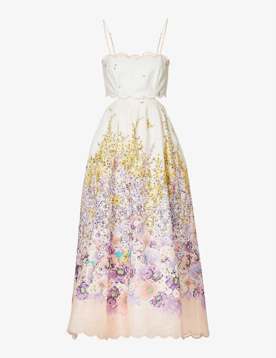Shop Zimmermann Jude Floral-print Linen Midi Dress In Peach Gradient Floral