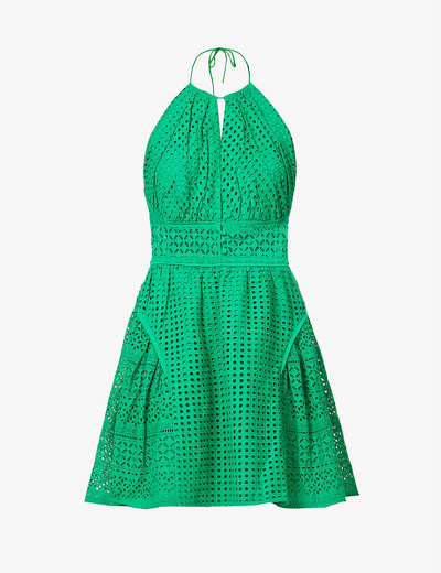 Shop Self-portrait Sleeveless Broderie Cotton Mini Dress In Bright Green