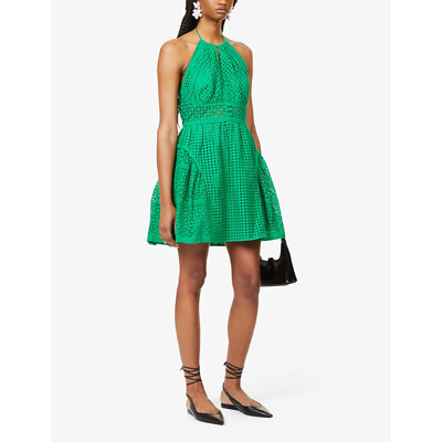 Shop Self-portrait Sleeveless Broderie Cotton Mini Dress In Bright Green
