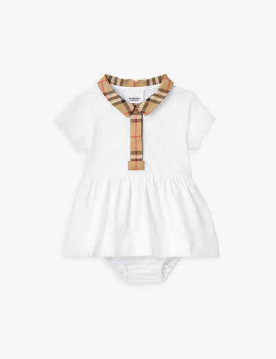 Shop Burberry Check-print Stretch-cotton Dress With Bloomers 3-18 Months In White