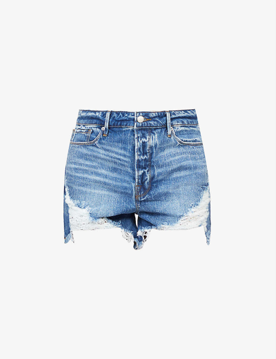 Shop Good American The Bombshell Ripped High-rise Denim Shorts In Blue646