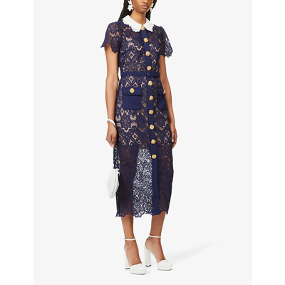 Shop Self-portrait Collared Broderie-pattern Woven Midi Dress In Navy